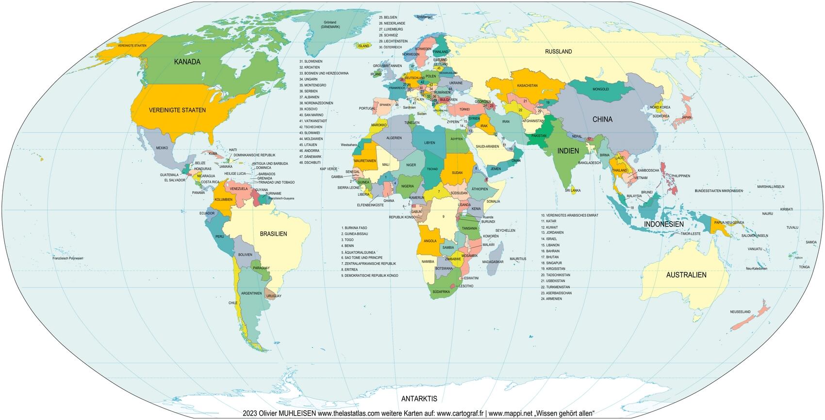 World map countries in German