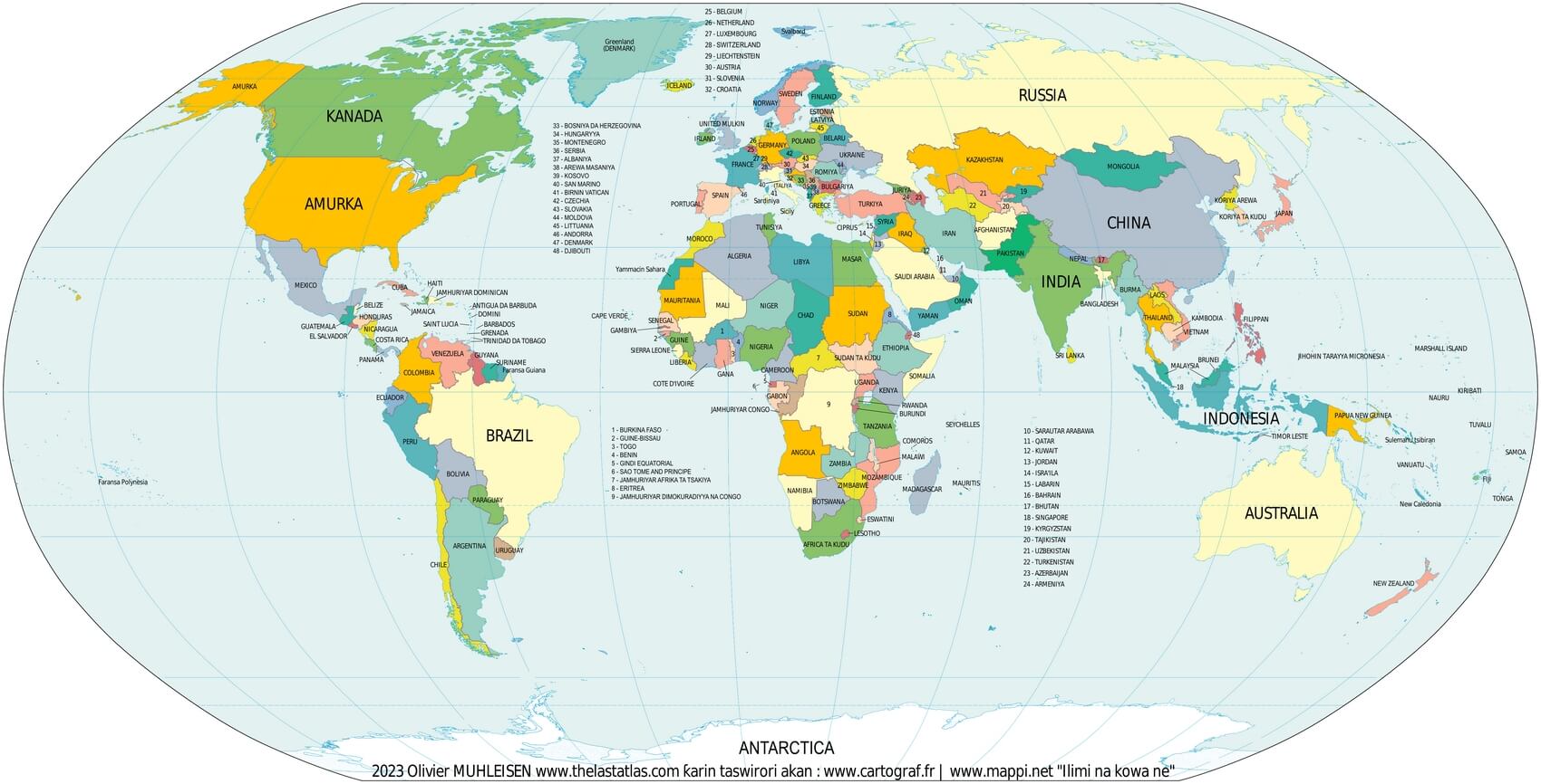 World map countries in Hausa