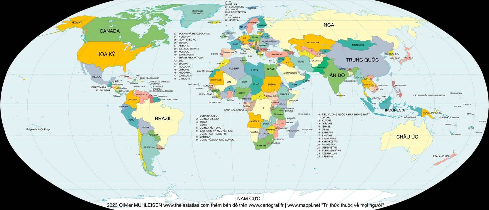 World map countries in Vietnamese